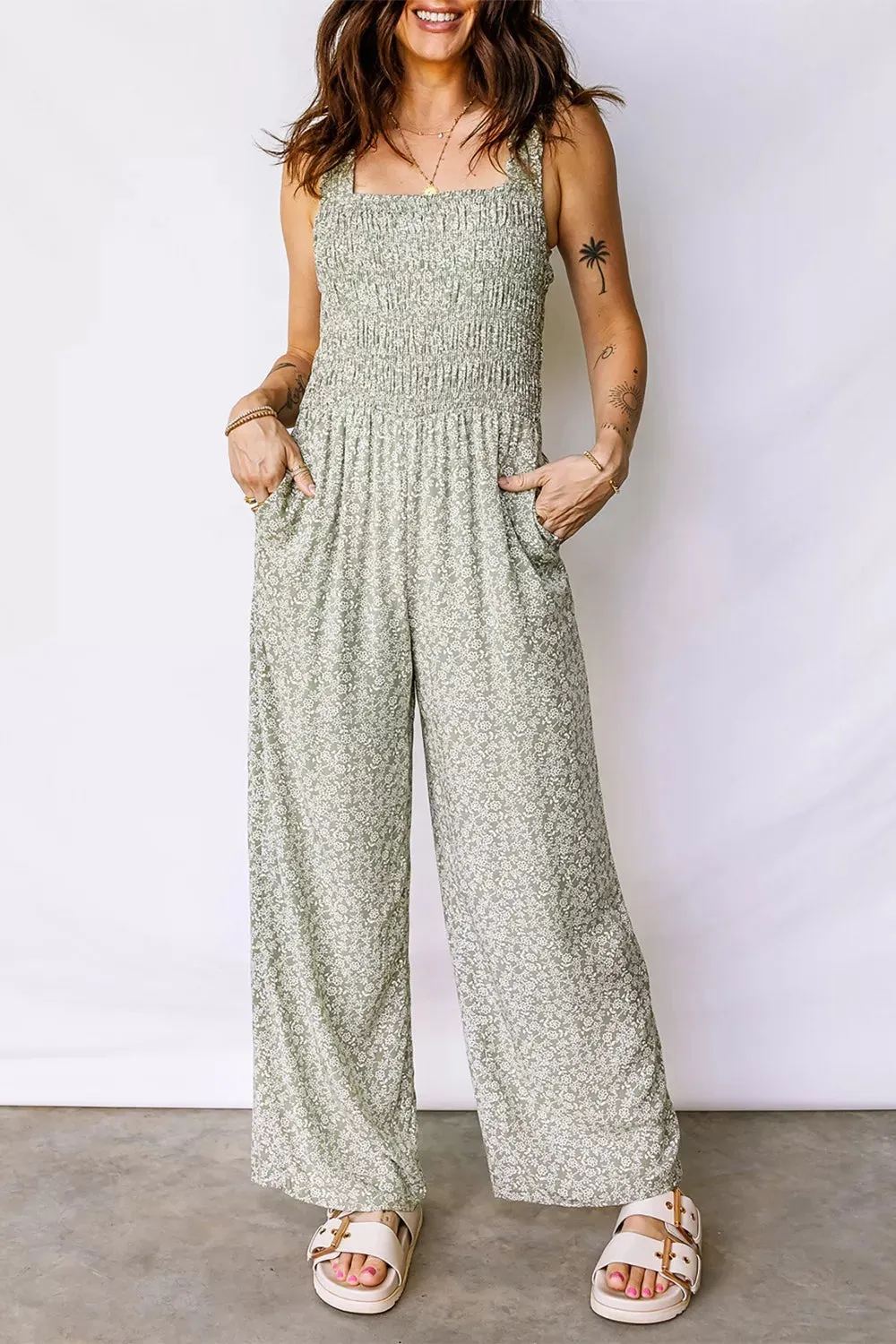 Smocked Bodice Square Neck Sleeveless Floral Jumpsuit sold by Charming Charlie product image thumbnail 3