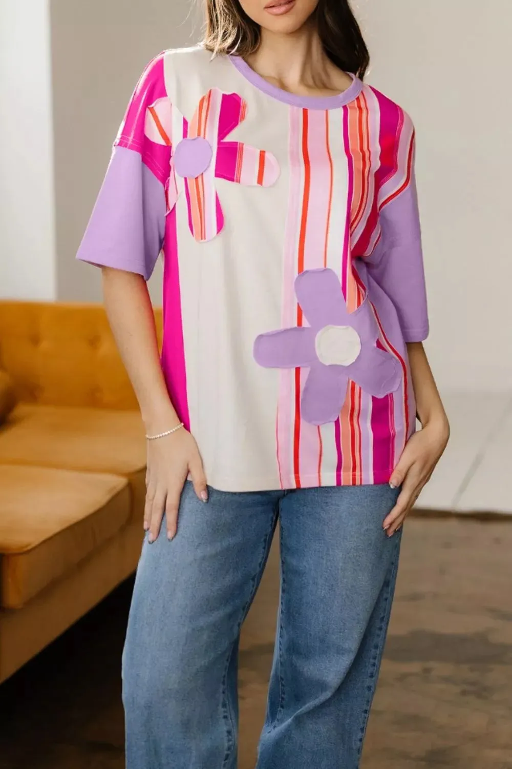 Striped Color Block Flower Patched Half Sleeve Loose Top sold by Charming Charlie product image thumbnail 3