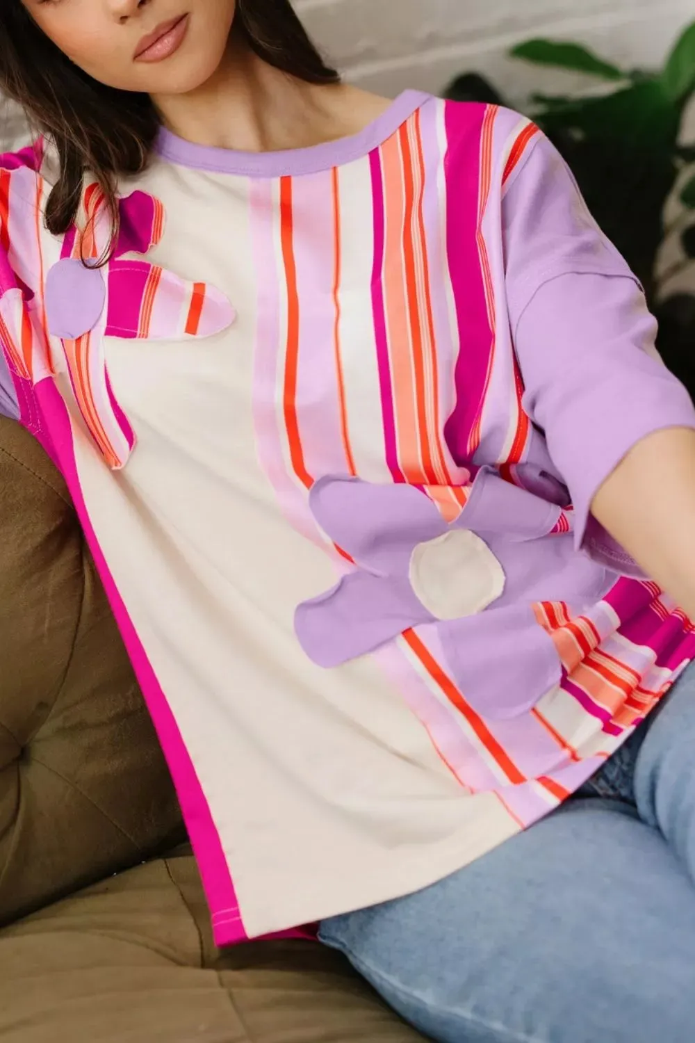 Striped Color Block Flower Patched Half Sleeve Loose Top sold by Charming Charlie product image thumbnail 4