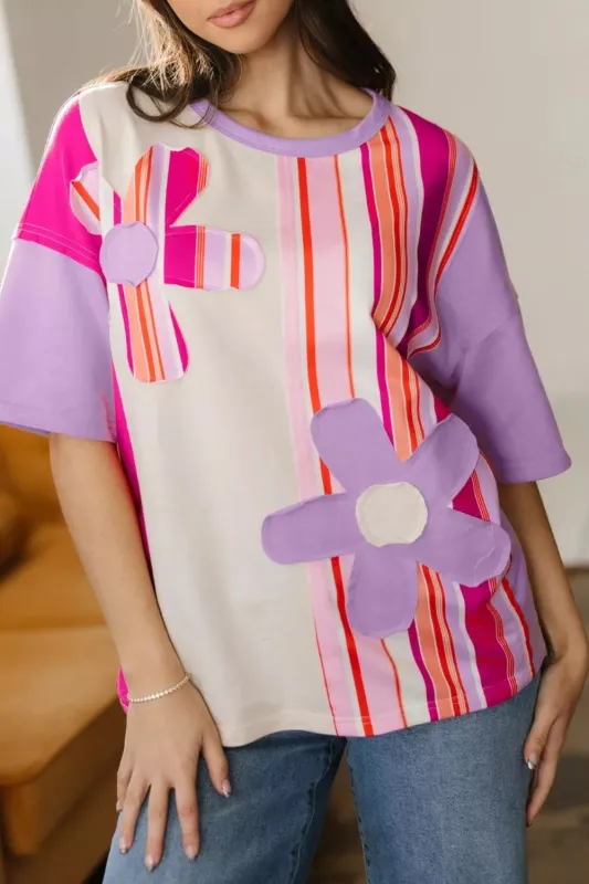 Striped Color Block Flower Patched Half Sleeve Loose Top sold by Charming Charlie