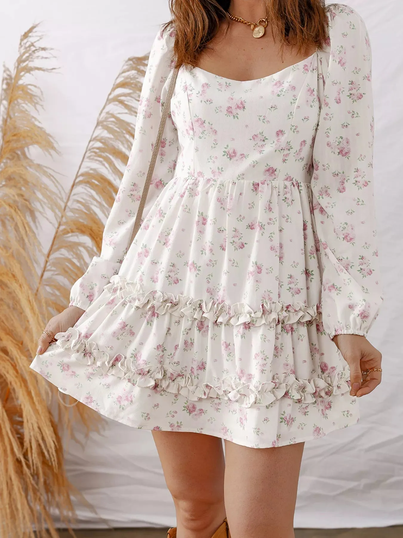 Floral Print Long Sleeve Ruffle Detail Flared Mini Dress sold by Charming Charlie product image thumbnail 2
