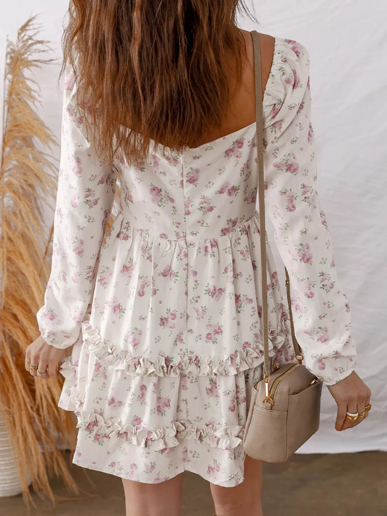 Floral Print Long Sleeve Ruffle Detail Flared Mini Dress sold by Charming Charlie product image thumbnail 3