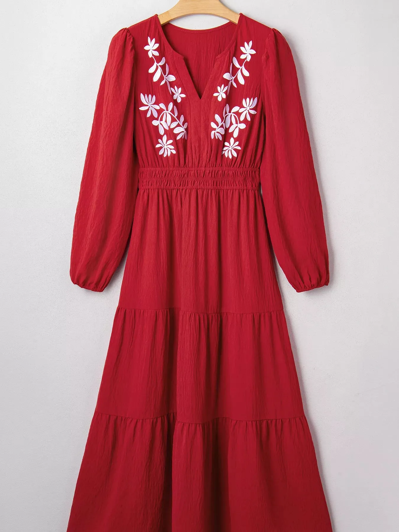 Contrast Embroidered Detail Cinched Waist Tiered Long Sleeve Maxi Dress sold by Charming Charlie product image thumbnail 3