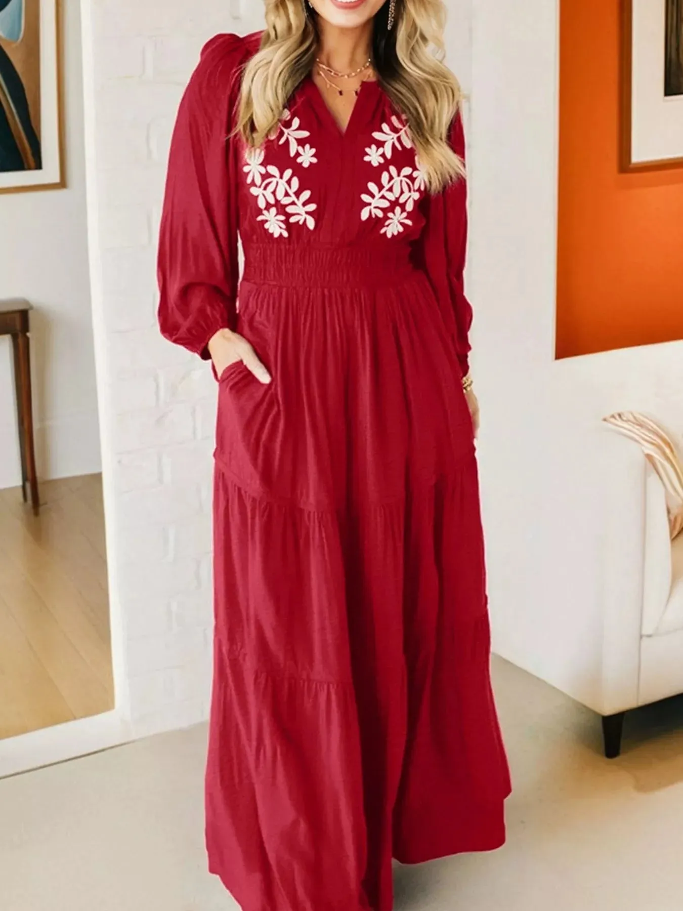 Contrast Embroidered Detail Cinched Waist Tiered Long Sleeve Maxi Dress sold by Charming Charlie