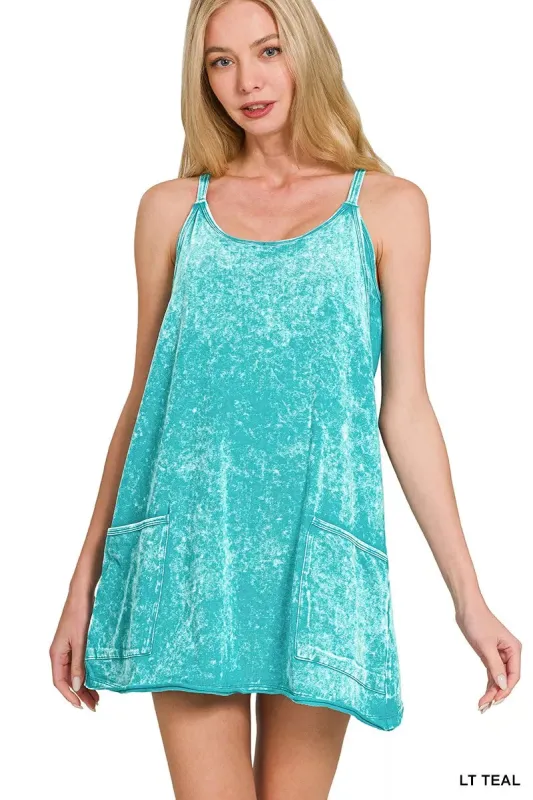 Zenana Acid Washed Mini Dress With Built-in Romper Liner sold by Charming Charlie