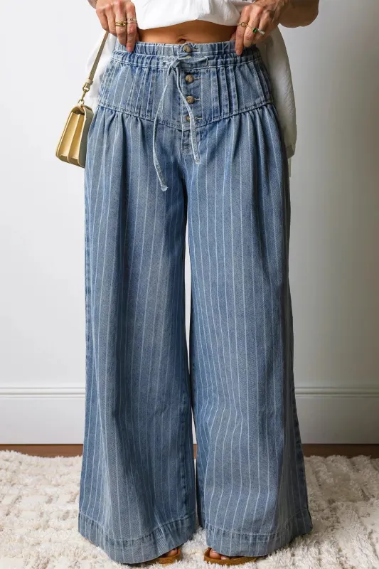 Stripe Button Pleated Drawstring Waist Casual Wide Leg Jeans sold by Charming Charlie