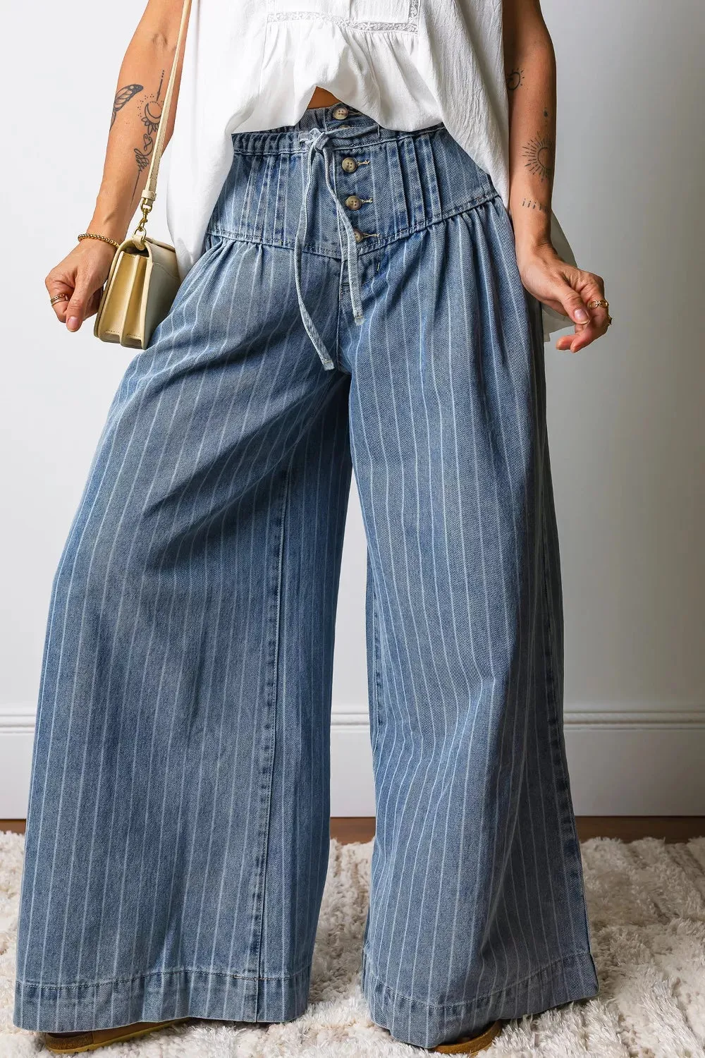 Stripe Button Pleated Drawstring Waist Casual Wide Leg Jeans sold by Charming Charlie product image thumbnail 5