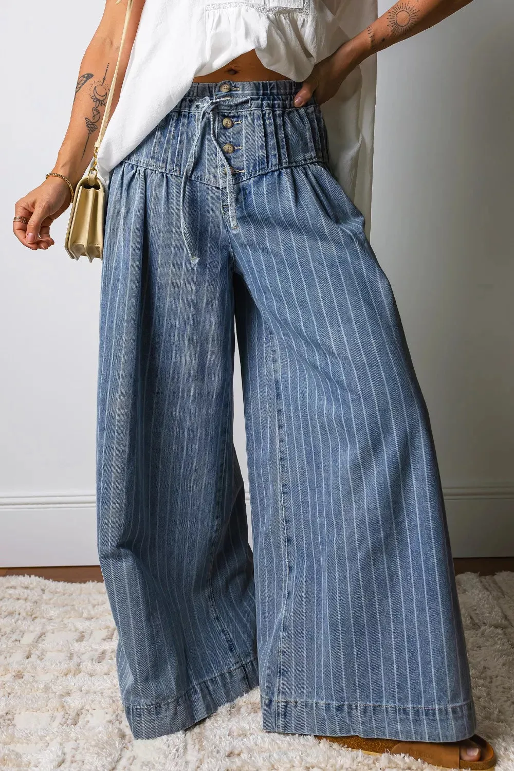Stripe Button Pleated Drawstring Waist Casual Wide Leg Jeans sold by Charming Charlie product image thumbnail 3
