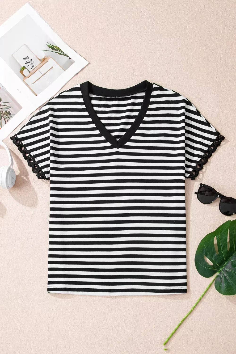 Striped Print V Neck Delicate Trim Casual Tee sold by Charming Charlie product image thumbnail 4