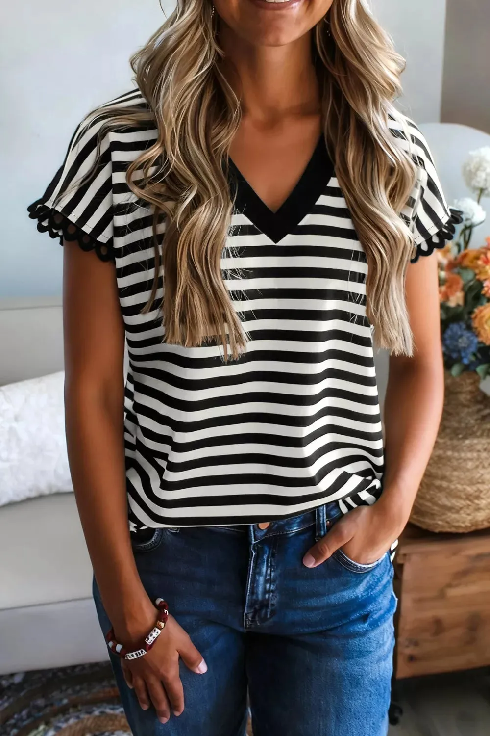 Striped Print V Neck Delicate Trim Casual Tee sold by Charming Charlie