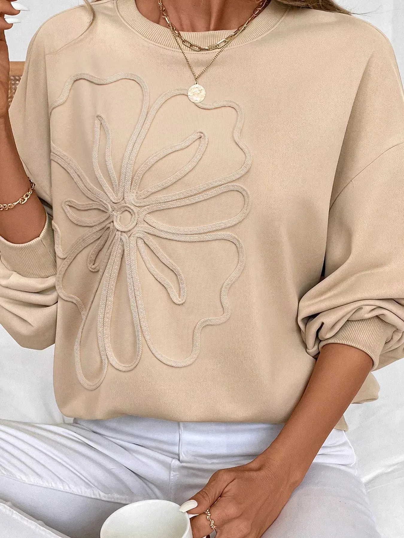 Embroidered Flower Pattern Drop Shoulder Sweatshirt sold by Charming Charlie