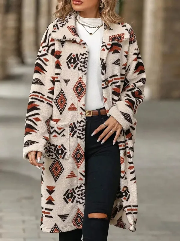 Geometric Button Up Longline Coat sold by Charming Charlie