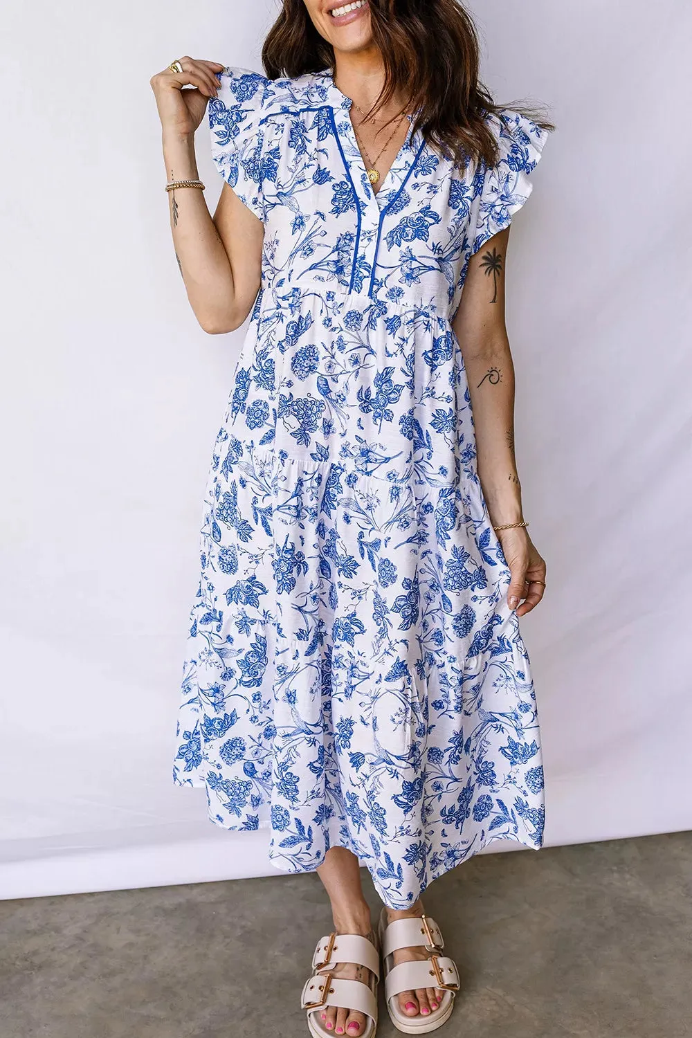 Ruffled Short Sleeve Tiered Floral Midi Dress sold by Charming Charlie product image thumbnail 4