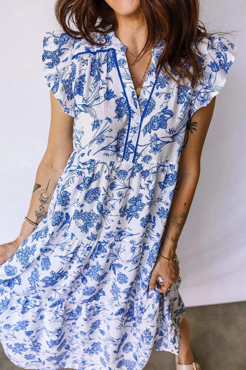 Ruffled Short Sleeve Tiered Floral Midi Dress sold by Charming Charlie product image thumbnail 5