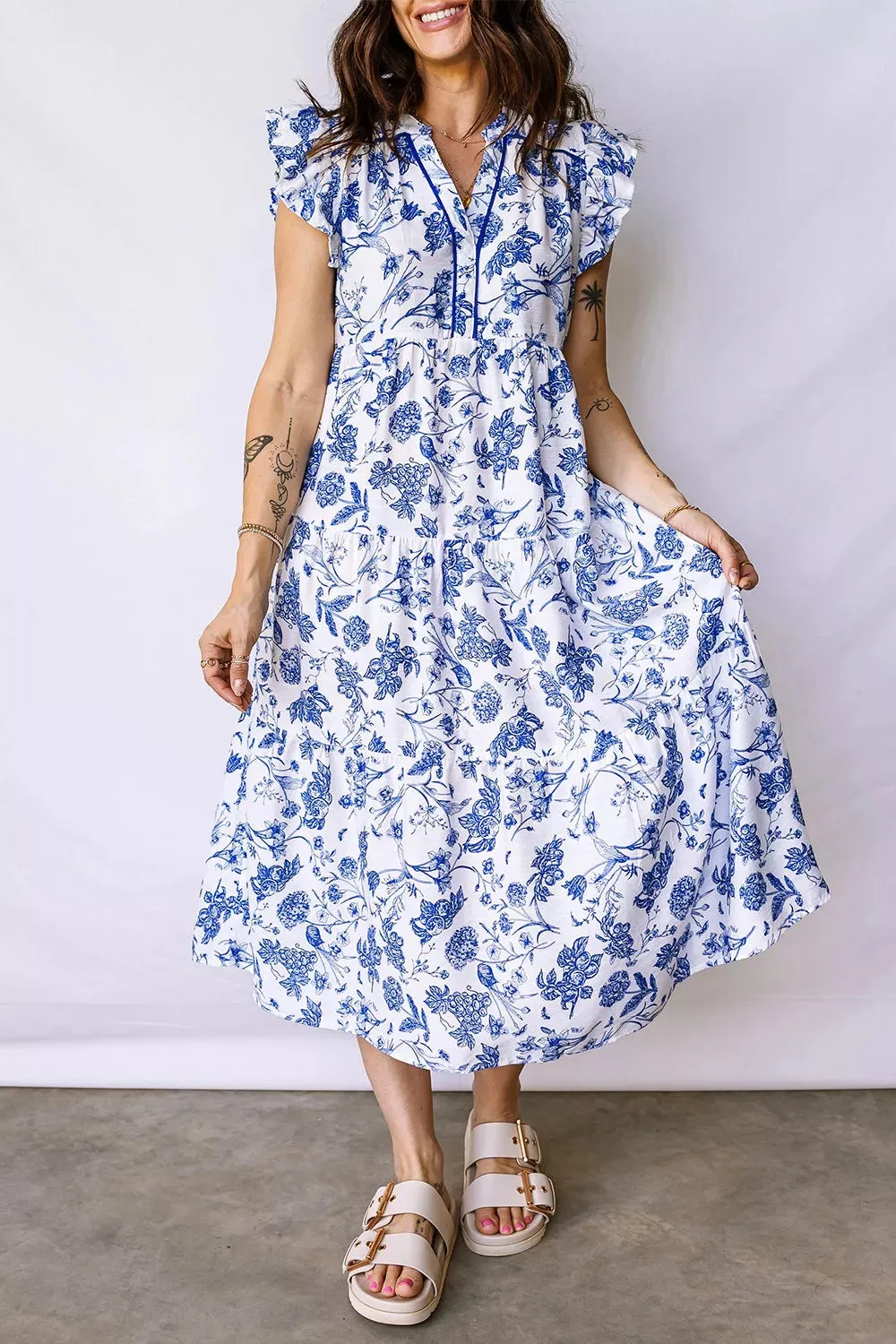 Ruffled Short Sleeve Tiered Floral Midi Dress sold by Charming Charlie product image thumbnail 3