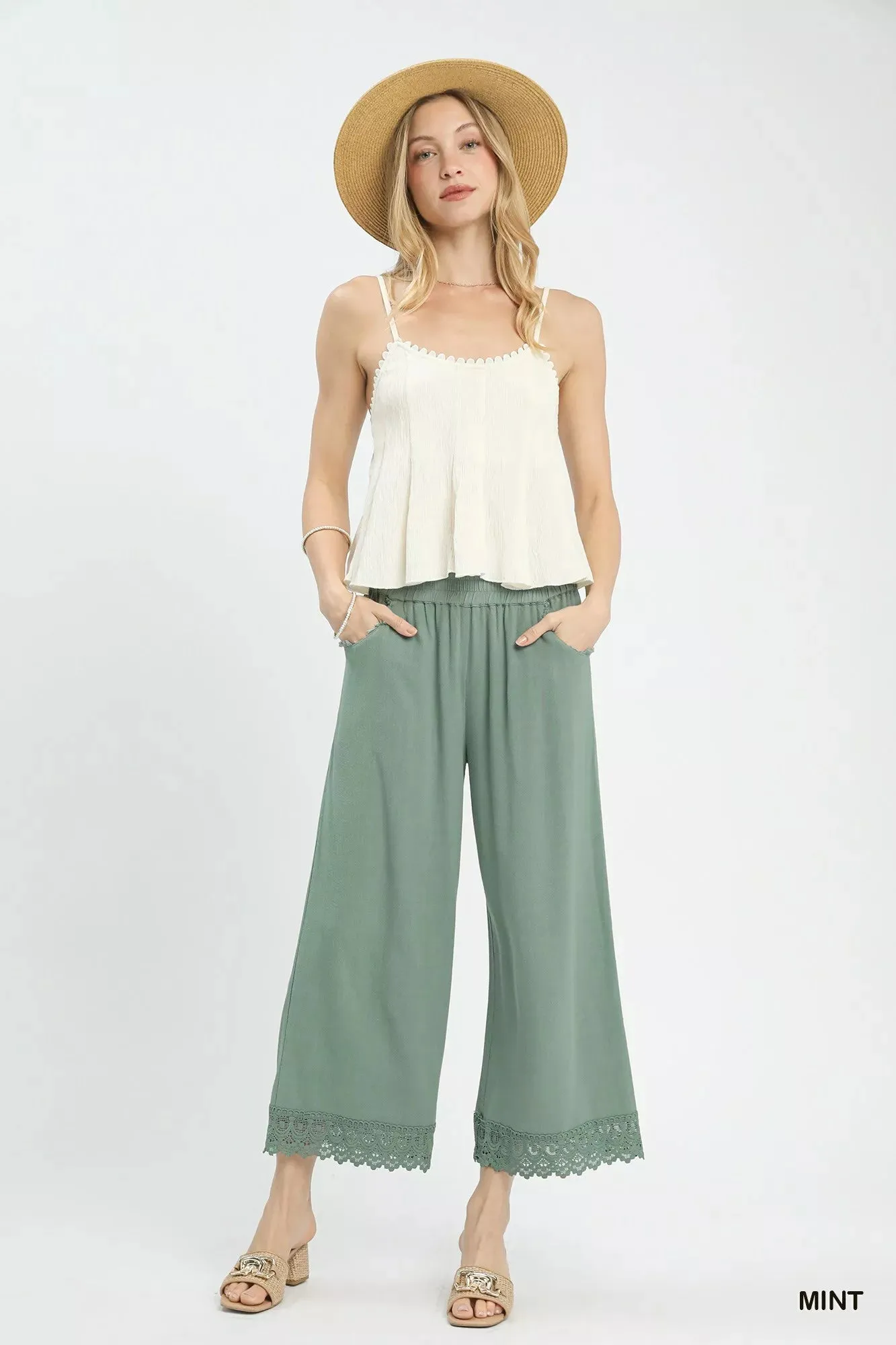 Umgee Linen Wide Leg Cropped Pants with Lace Trim sold by Charming Charlie product image thumbnail 4