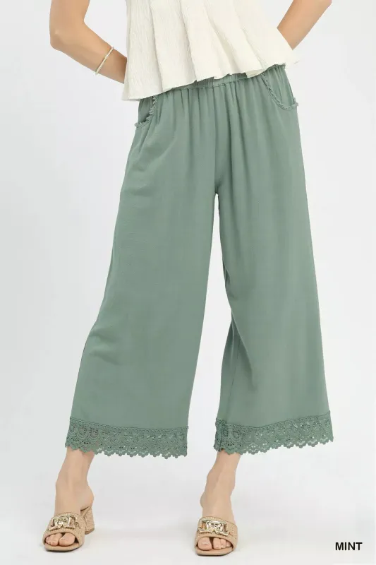 Umgee Linen Wide Leg Cropped Pants with Lace Trim sold by Charming Charlie