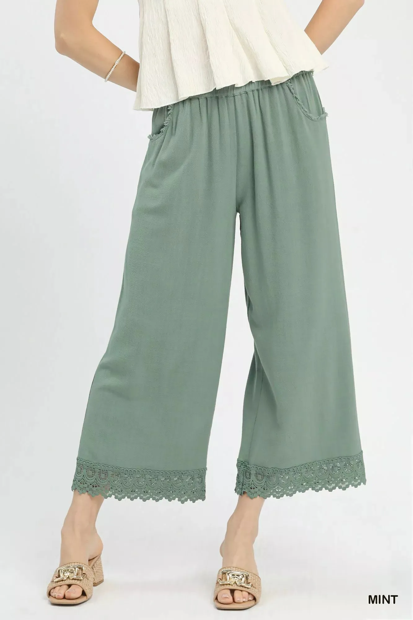 Umgee Linen Wide Leg Cropped Pants with Lace Trim sold by Charming Charlie