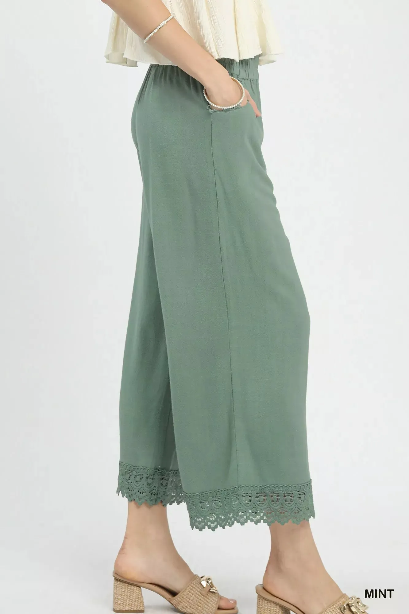 Umgee Linen Wide Leg Cropped Pants with Lace Trim sold by Charming Charlie product image thumbnail 2