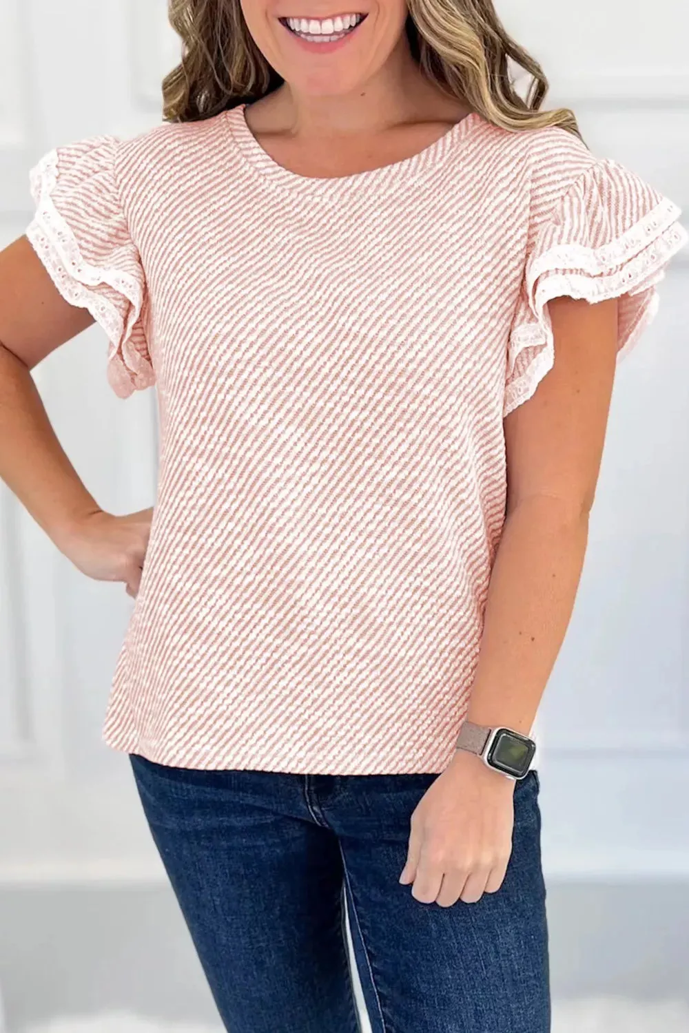 Twilled Print Lace Trim Ruffled Short Sleeve Blouse sold by Charming Charlie