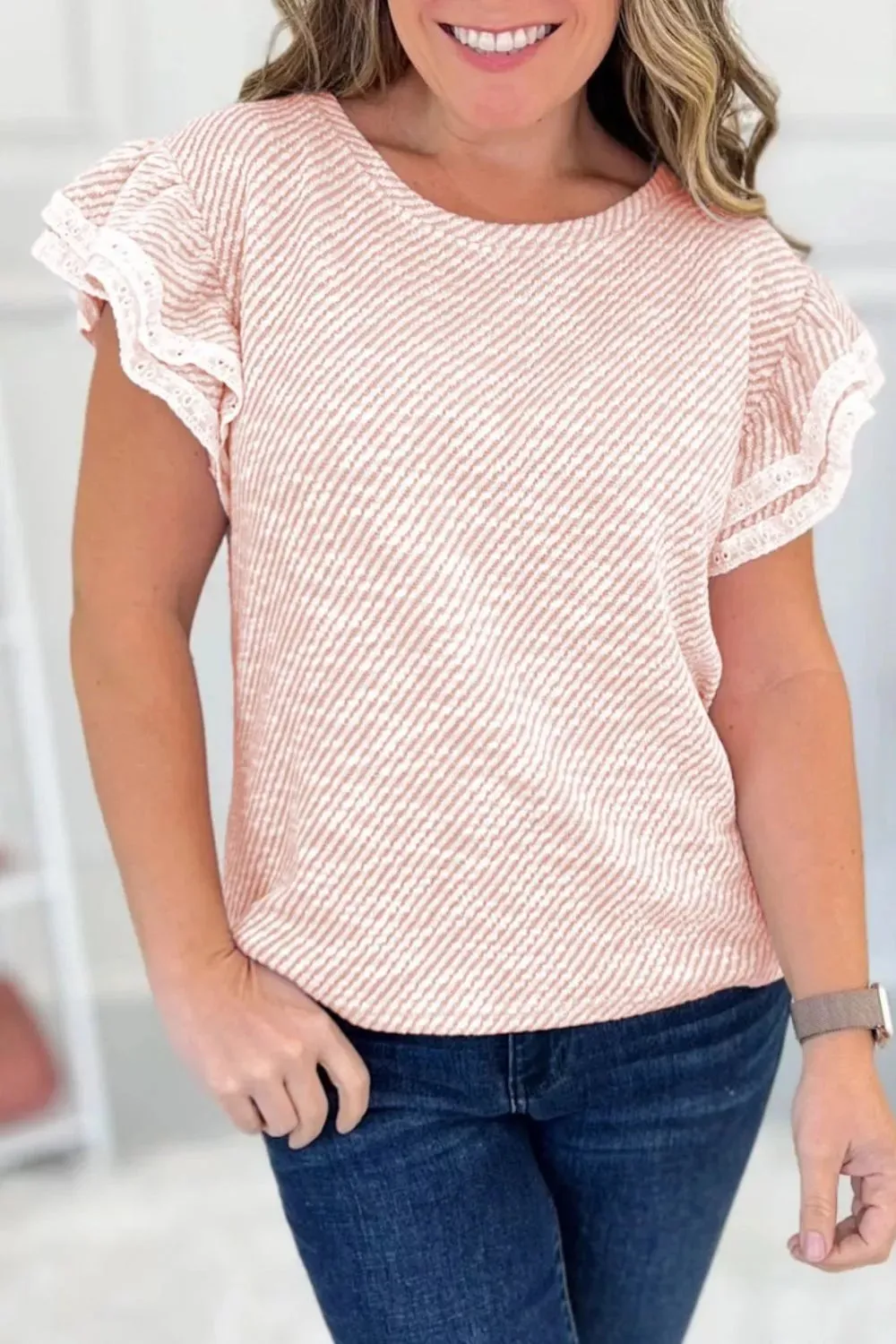 Twilled Print Lace Trim Ruffled Short Sleeve Blouse sold by Charming Charlie product image thumbnail 3