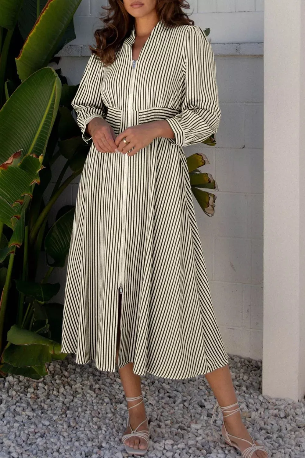 Stripe V Neck Zip Front Cinched High Waist Midi Dress sold by Charming Charlie