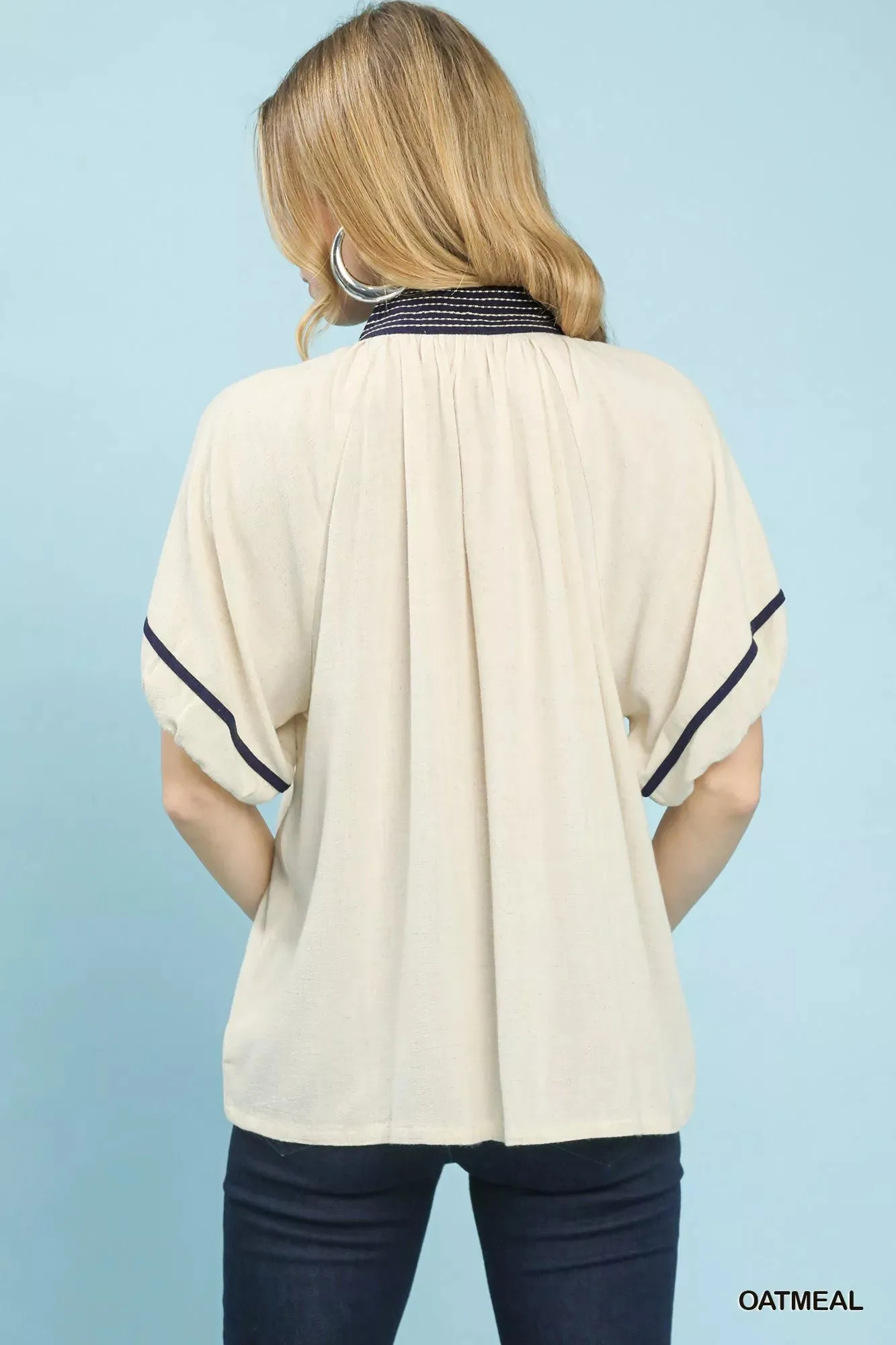 Umgee Linen Puff Sleeve Contrast Trim Top sold by Charming Charlie product image thumbnail 3