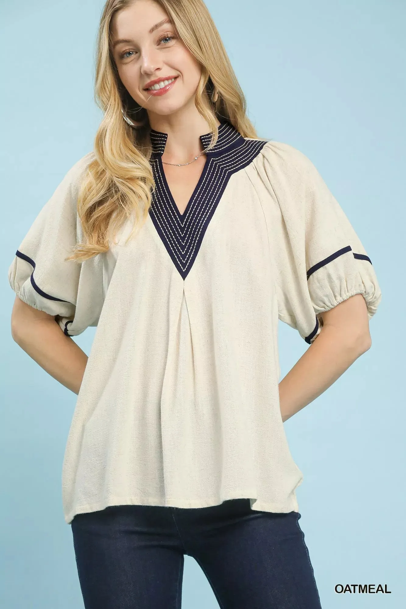 Umgee Linen Puff Sleeve Contrast Trim Top sold by Charming Charlie