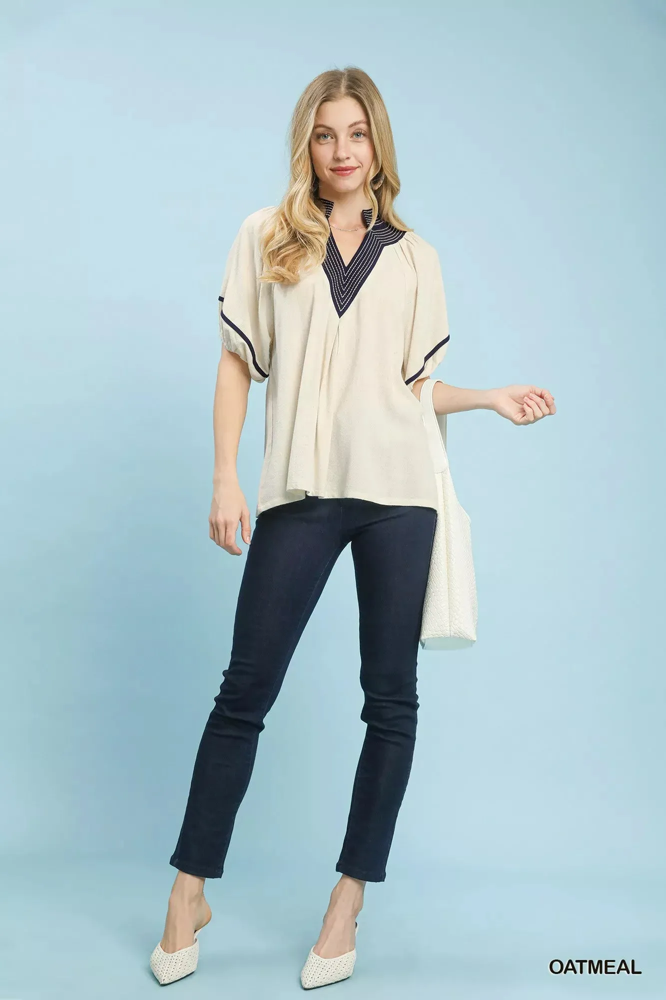 Umgee Linen Puff Sleeve Contrast Trim Top sold by Charming Charlie product image thumbnail 5