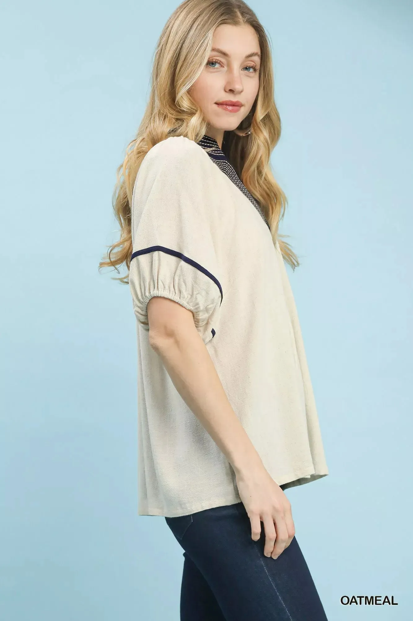 Umgee Linen Puff Sleeve Contrast Trim Top sold by Charming Charlie product image thumbnail 2