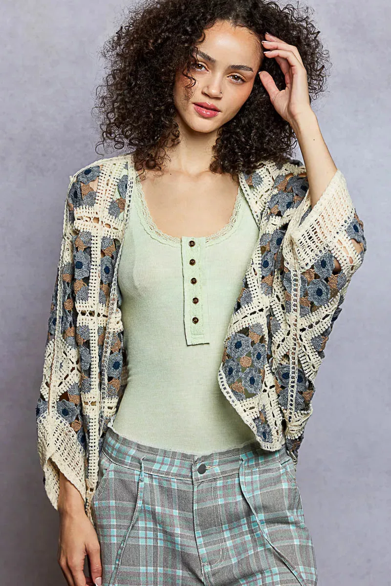 POL Open Front Floral Crochet Cardigan sold by Charming Charlie