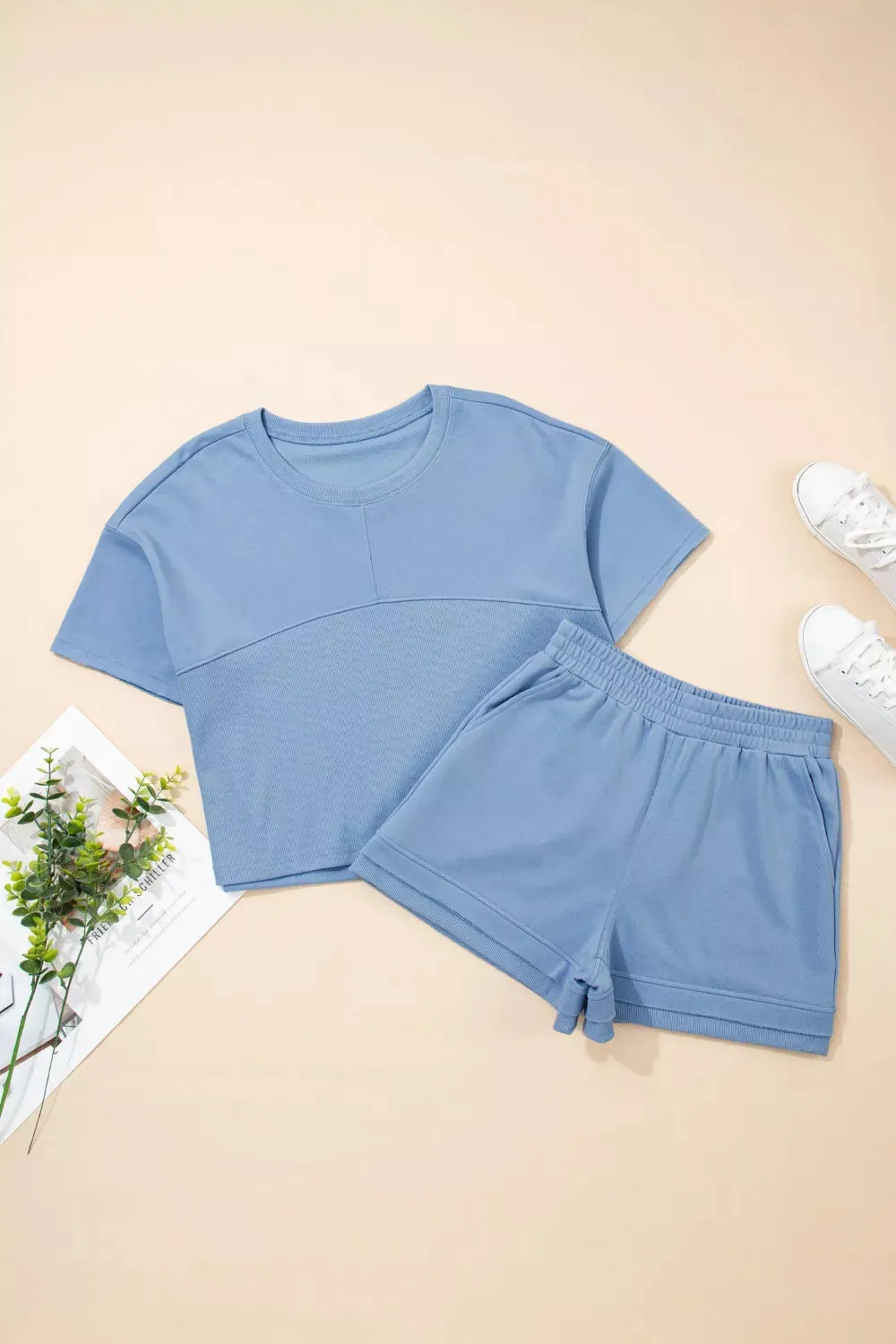 Solid Color Contrast Textured Patchwork Raw Edge 2pcs Short Set sold by Charming Charlie product image thumbnail 2