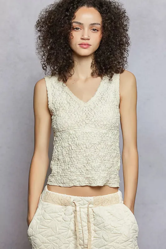 POL Textured Knit V-Neck Tank with Lace Trim sold by Charming Charlie