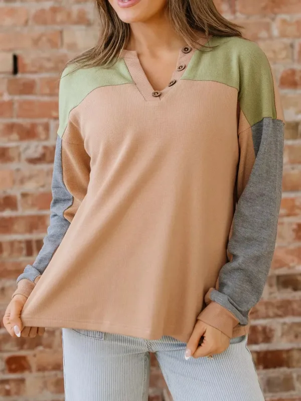 Color Block Thermal Textured Knit Drop Shoulder Henley Top sold by Charming Charlie