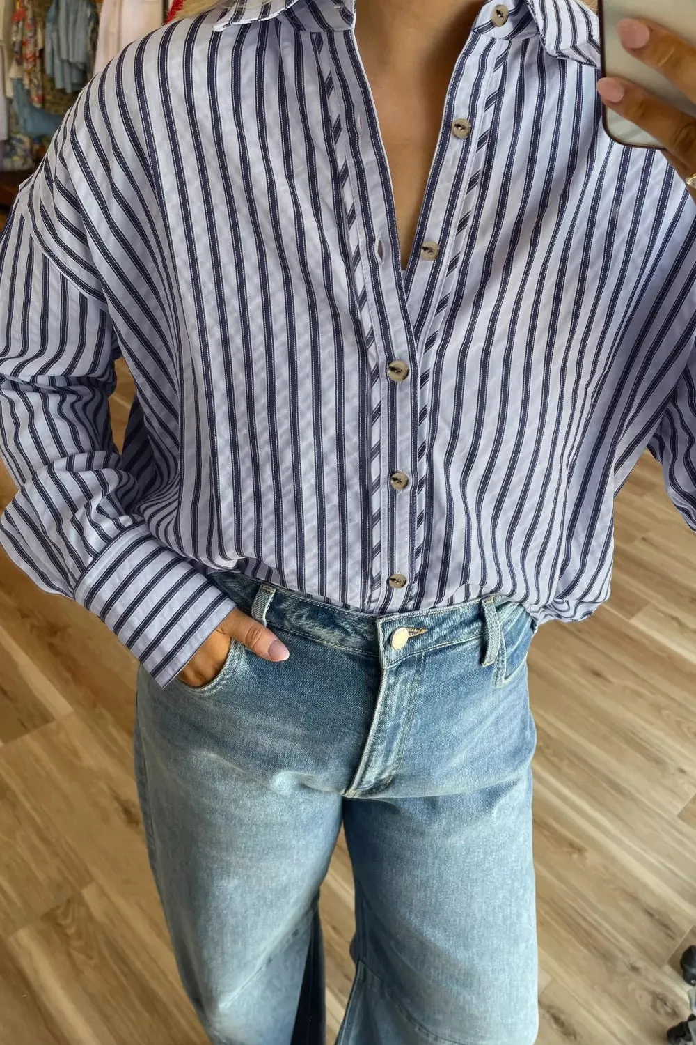 Striped Button-Down Oversized Shirt sold by Charming Charlie