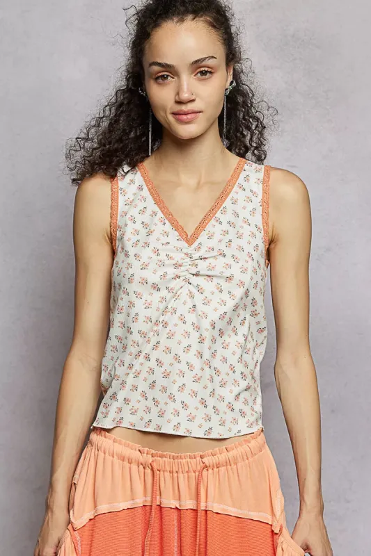 POL Ruched Floral V-Neck Tank with Lace Detail sold by Charming Charlie