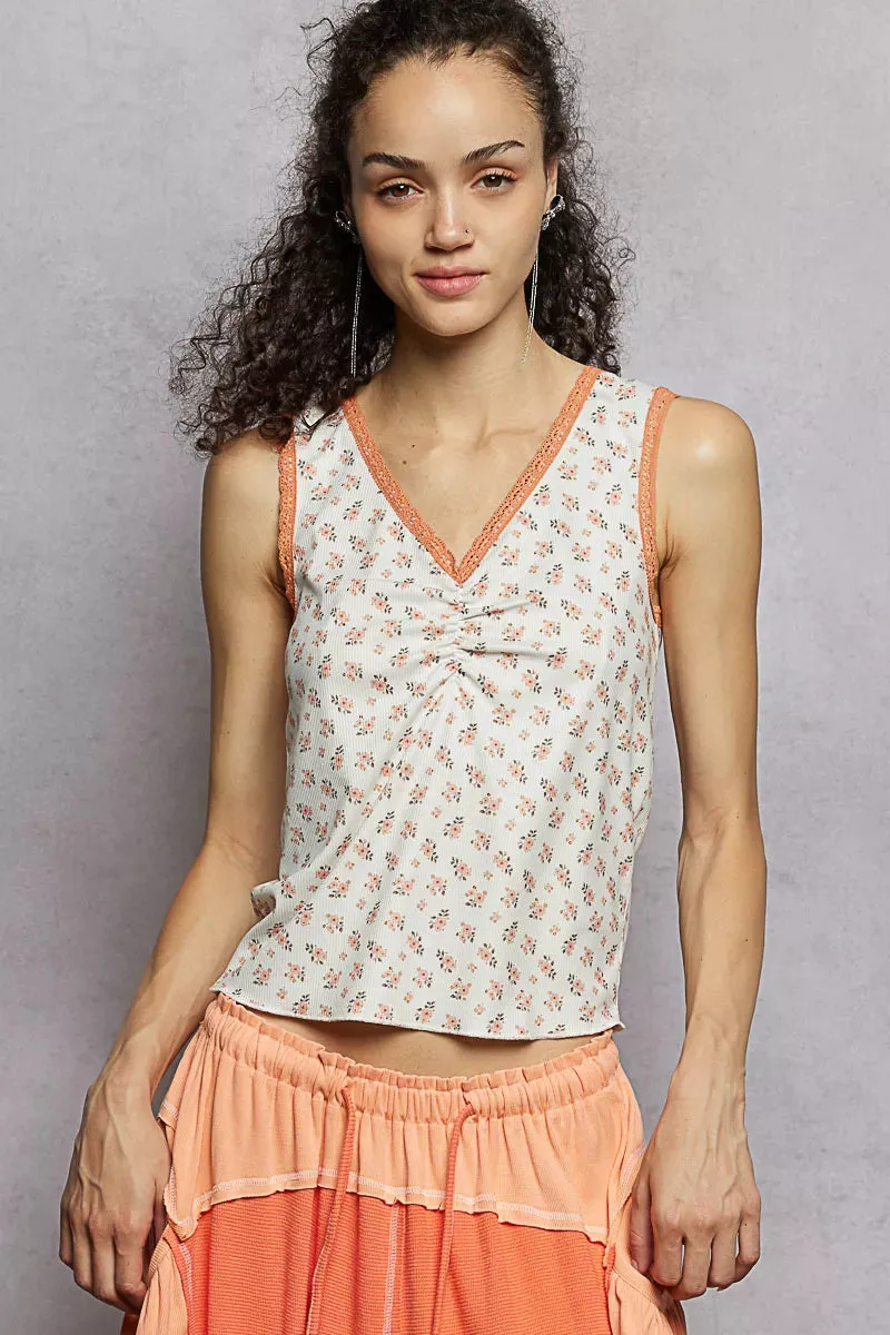 POL Ruched Floral V-Neck Tank with Lace Detail sold by Charming Charlie product image thumbnail 2