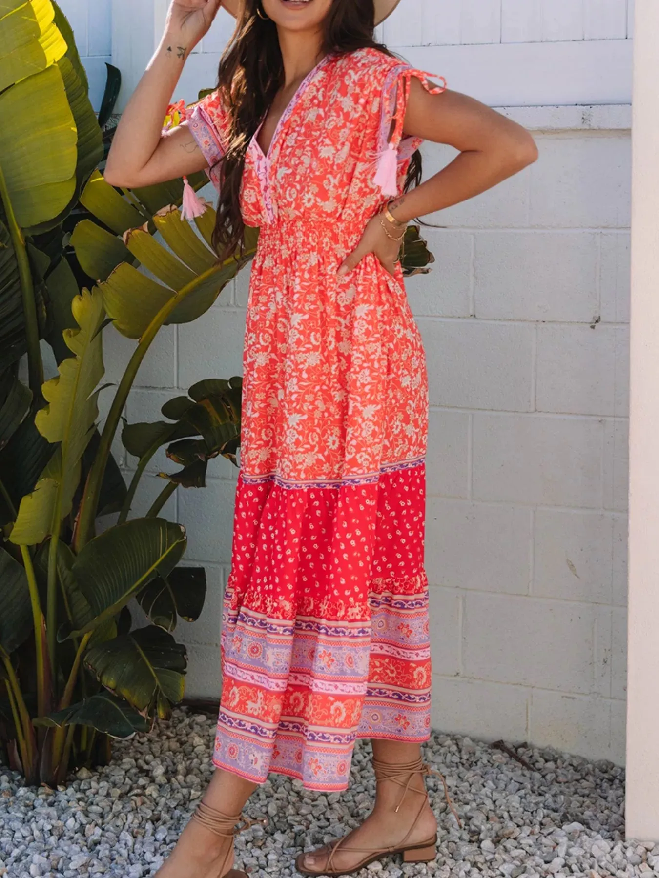 Floral Print Tasseled Tied Sleeve Empire Waist Dress sold by Charming Charlie product image thumbnail 4