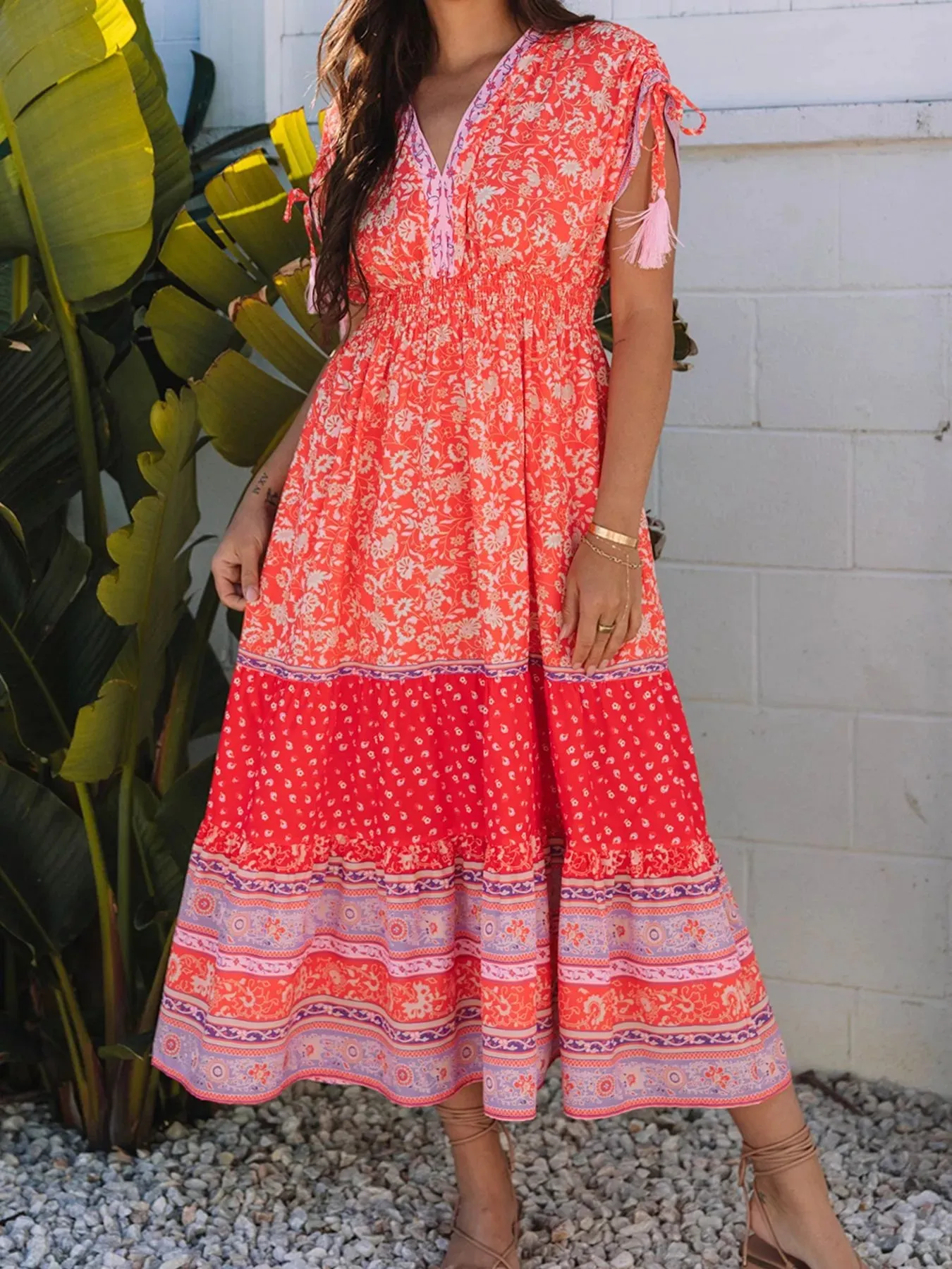 Floral Print Tasseled Tied Sleeve Empire Waist Dress sold by Charming Charlie product image thumbnail 2