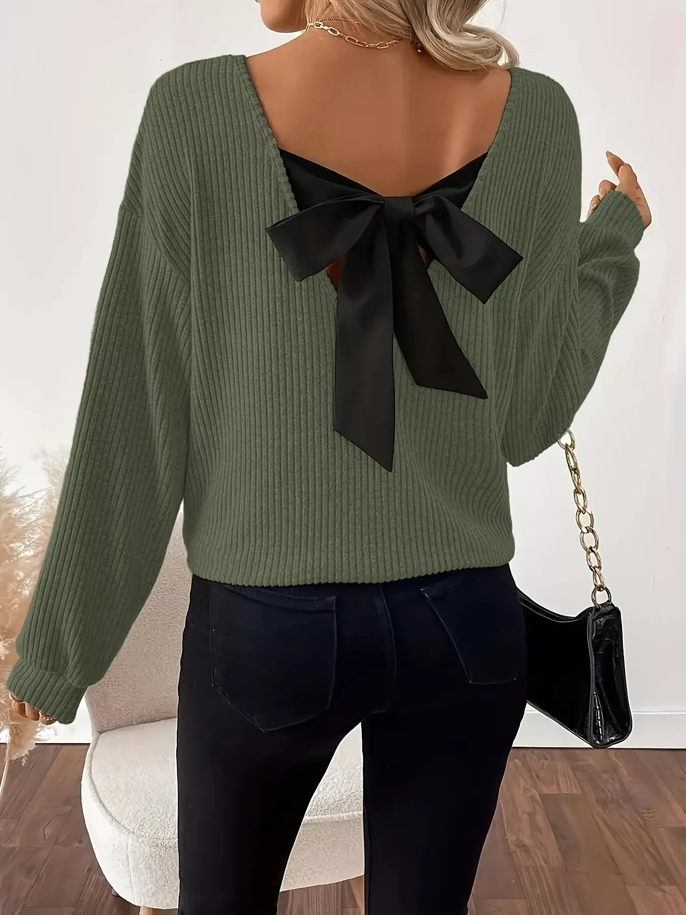 Full Size Ribbed Knit Backless Bow T-Shirt Plus Size sold by Charming Charlie product image thumbnail 5