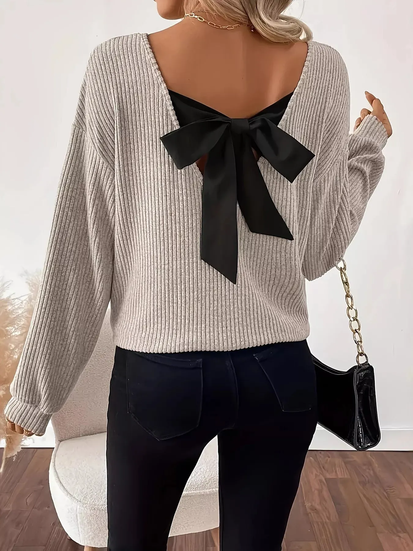 Full Size Ribbed Knit Backless Bow T-Shirt Plus Size sold by Charming Charlie