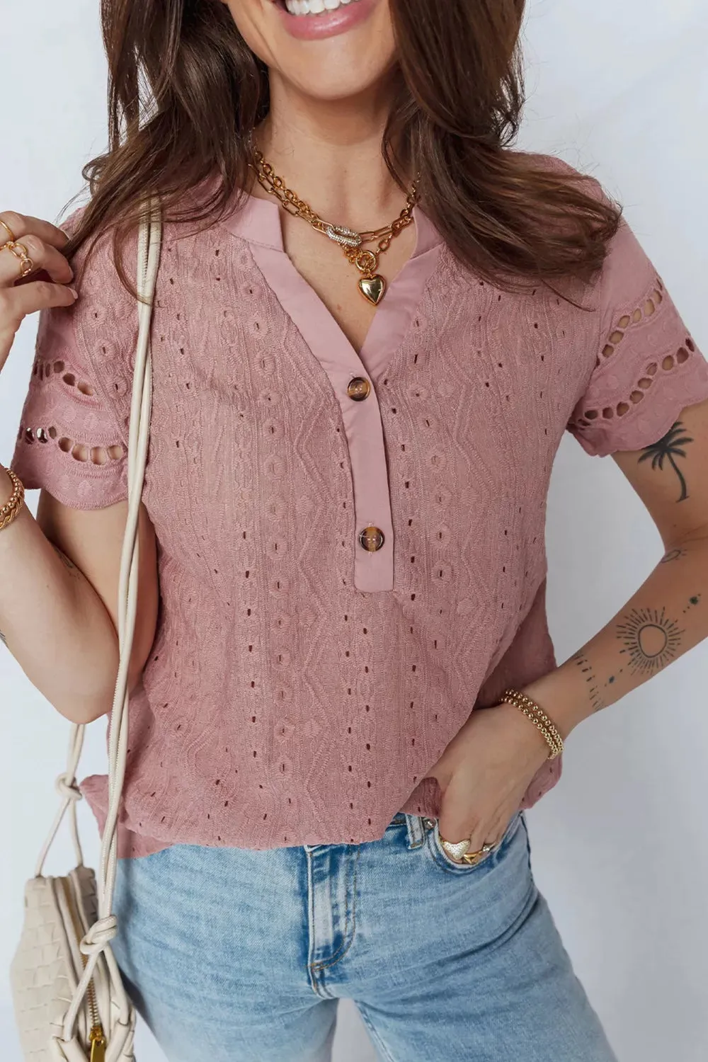 Textured Embroidered Half Buttons Short Sleeve Blouse sold by Charming Charlie product image thumbnail 3