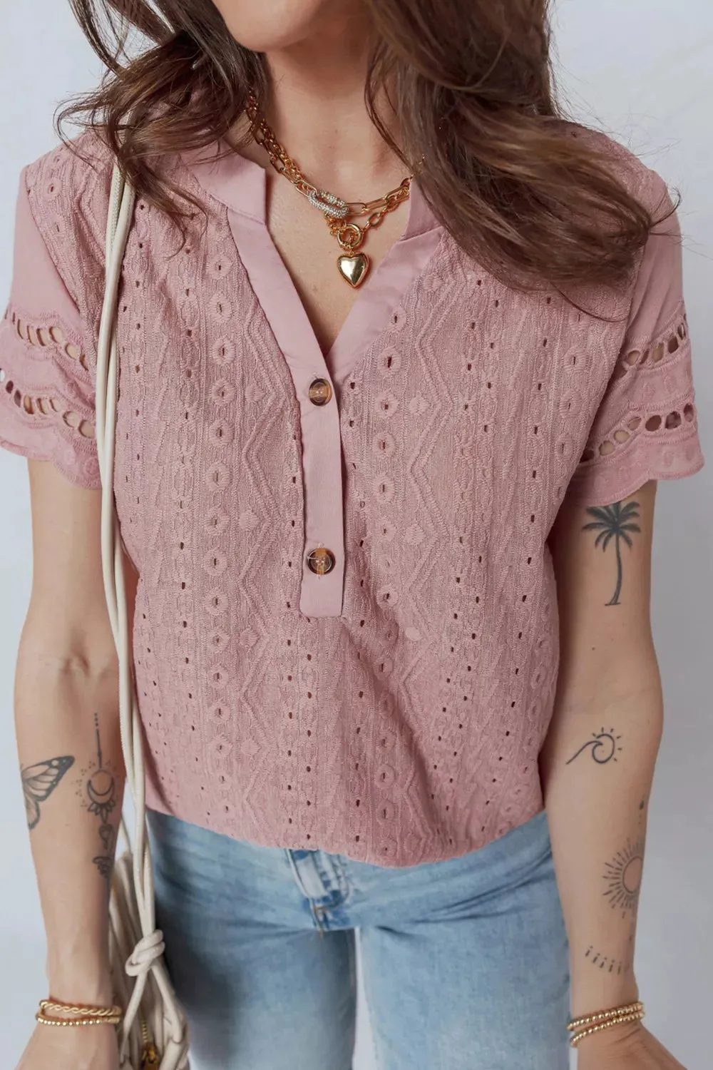 Textured Embroidered Half Buttons Short Sleeve Blouse sold by Charming Charlie product image thumbnail 4