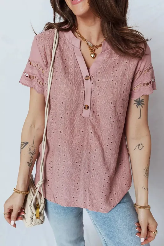 Textured Embroidered Half Buttons Short Sleeve Blouse sold by Charming Charlie