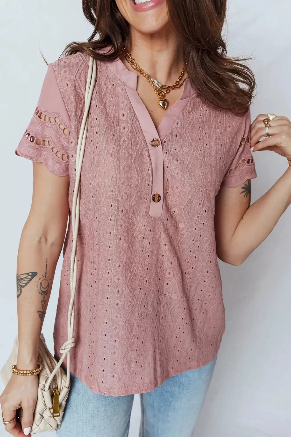 Textured Embroidered Half Buttons Short Sleeve Blouse sold by Charming Charlie product image thumbnail 5
