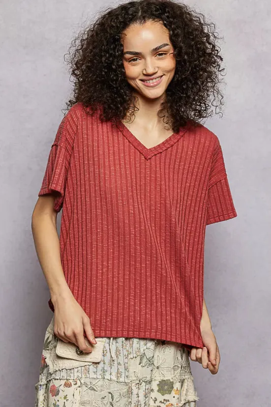 POL Ribbed Knit V-Neck Short Sleeve T-Shirt with Side Slit sold by Charming Charlie