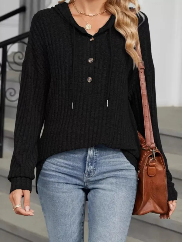 Casual Ribbed Knit Button Detail Hoodie made by Trendsi