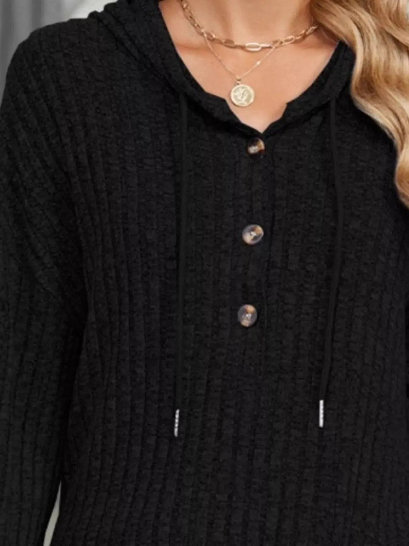 Casual Ribbed Knit Button Detail Hoodie sold by Charming Charlie product image thumbnail 2