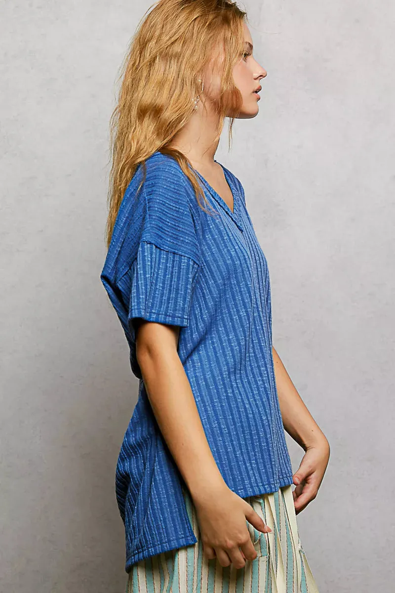 POL Ribbed Knit V-Neck Short Sleeve T-Shirt with Side Slit sold by Charming Charlie product image thumbnail 3