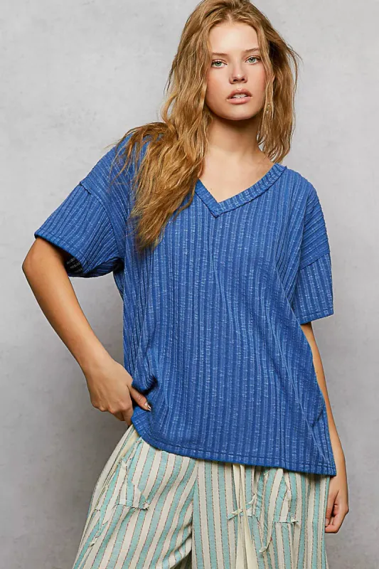 POL Ribbed Knit V-Neck Short Sleeve T-Shirt with Side Slit sold by Charming Charlie